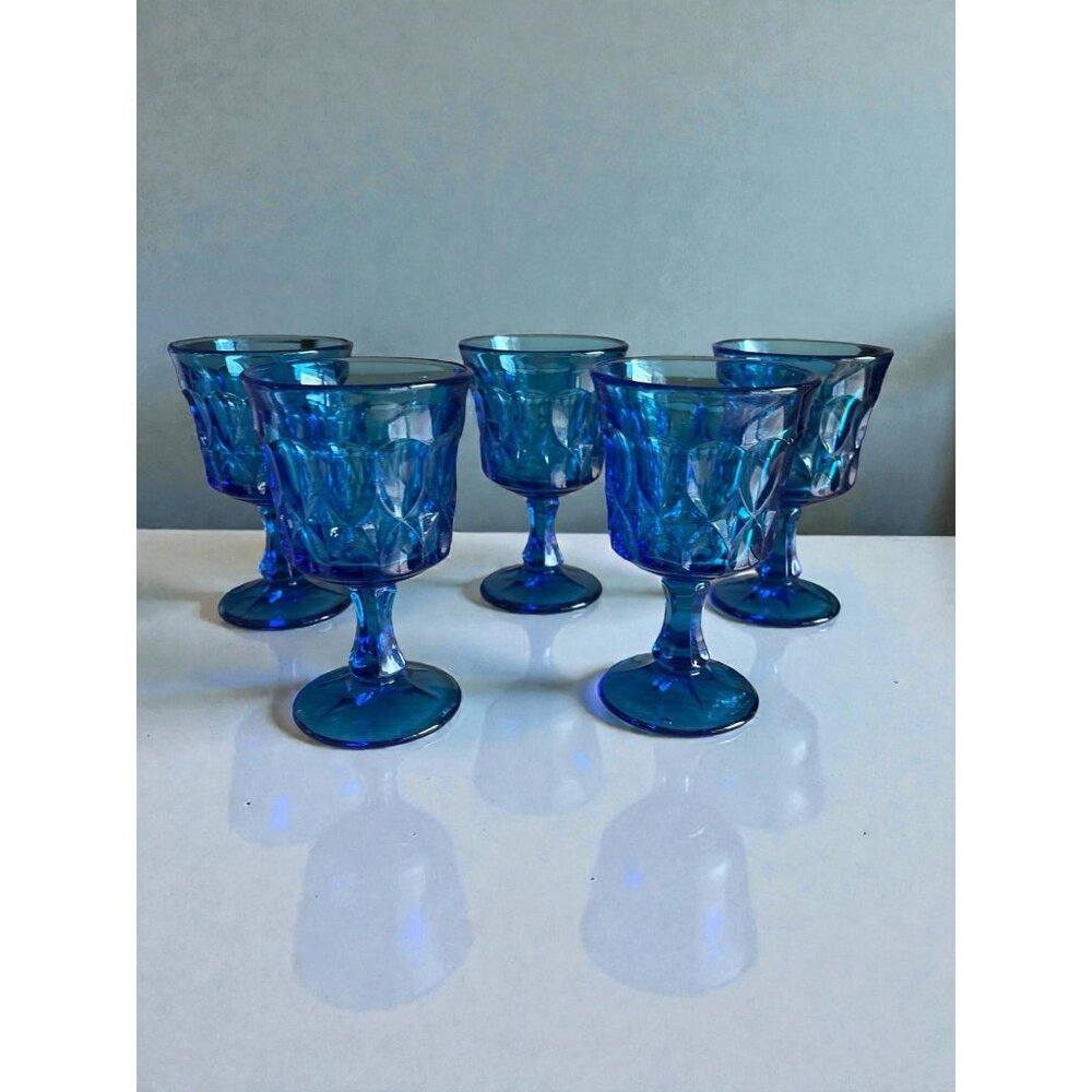 Jeannette Glass Co Cobalt Blue Glass Goblets Set Of 5 Geometric Stemware Barware